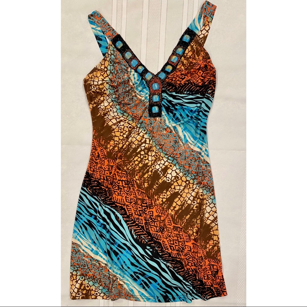 Venus Cover-Up Dress - Turquoise Stones and Beads in Abstract Animal Pattern